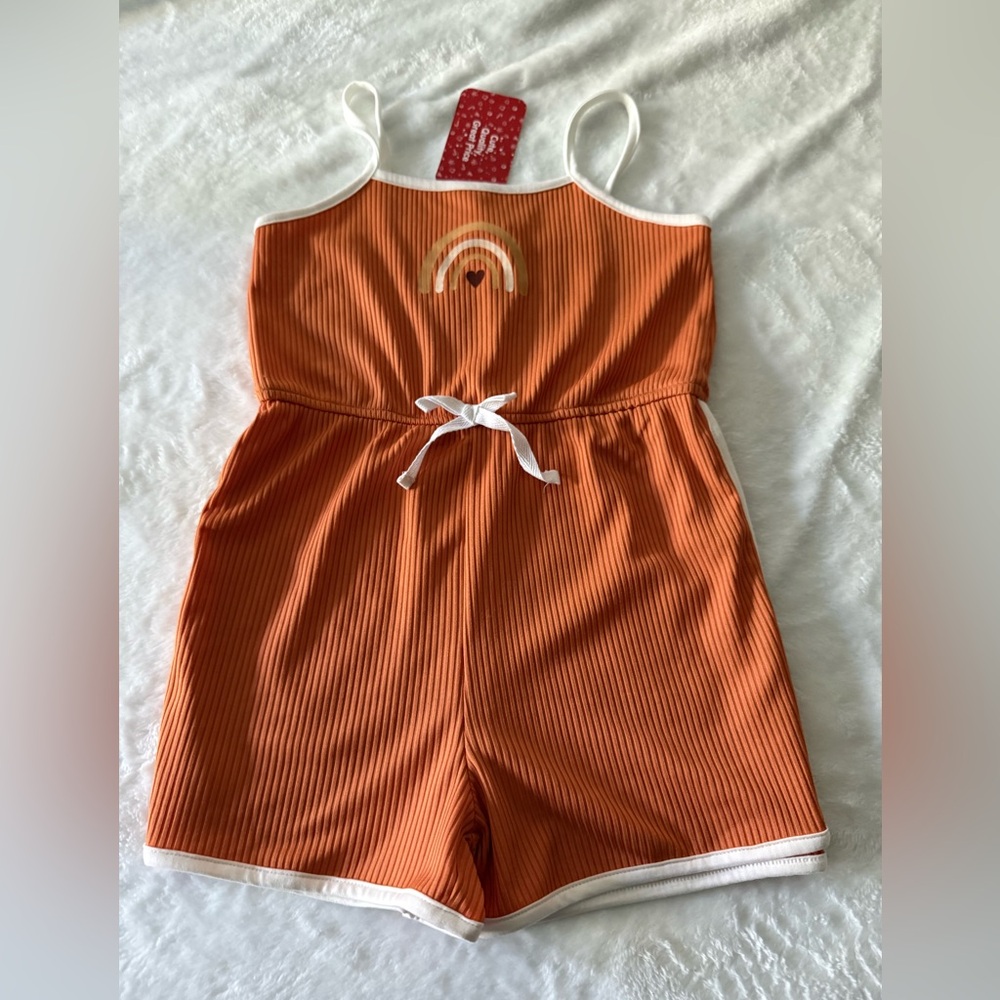 New Pat Pat Burnt Orange Ribbed Rainbow Shorts Romper 4-5 Years NWT